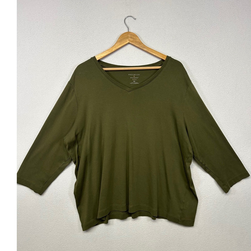 Casual Minimalist Preswick & Moore Women 2X Olive Green 3/4 Sleeve V-Neck Top